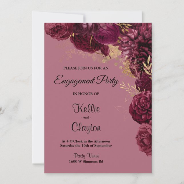 Convites Borgonha E Festa de noivado Floral Dourada (Frente)