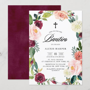 Convites Borgonha e Flor Floral Fall Bautizo