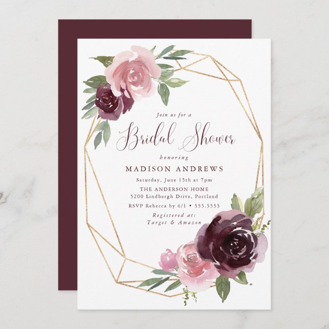 Convites Borgonha e Floral Rosa Esbranquiçado | Chá de pane (Frente/Verso)