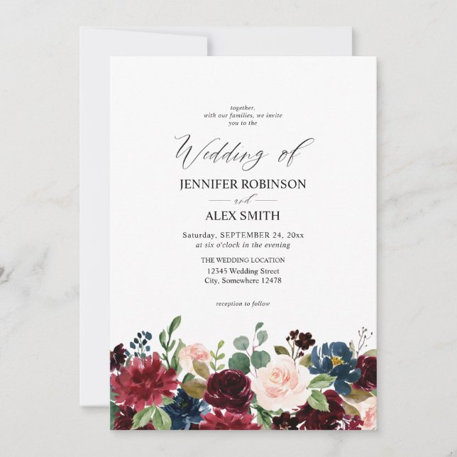 Convites Borgonha e Marinho, Casamento Floral Rosa Esbranqu (Frente)