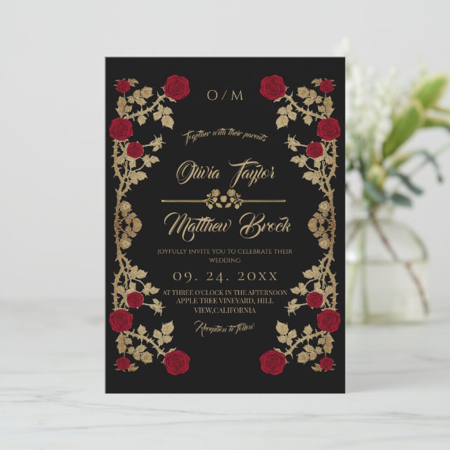 Convites Borgonha e preto ⎮ Casamento Boho Rosa Vermelha (Em pé/Frente)