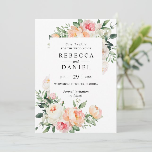 Convites Borgonha e Rosa Bege Floral Casamento Salve a Data (Em pé/Frente)