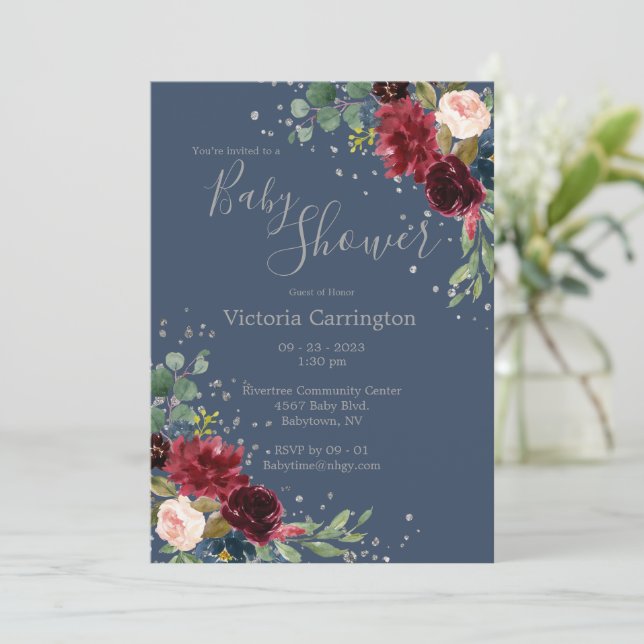 Convites Borgonha Elegante Blush Rosa Floral Azul Bebê (Em pé/Frente)