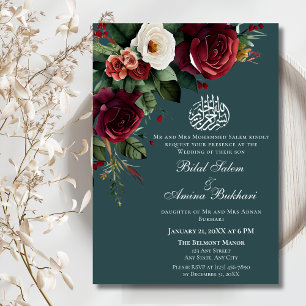 Convites Borgonha Elegante e Rosas Brancas Florais Islâmica