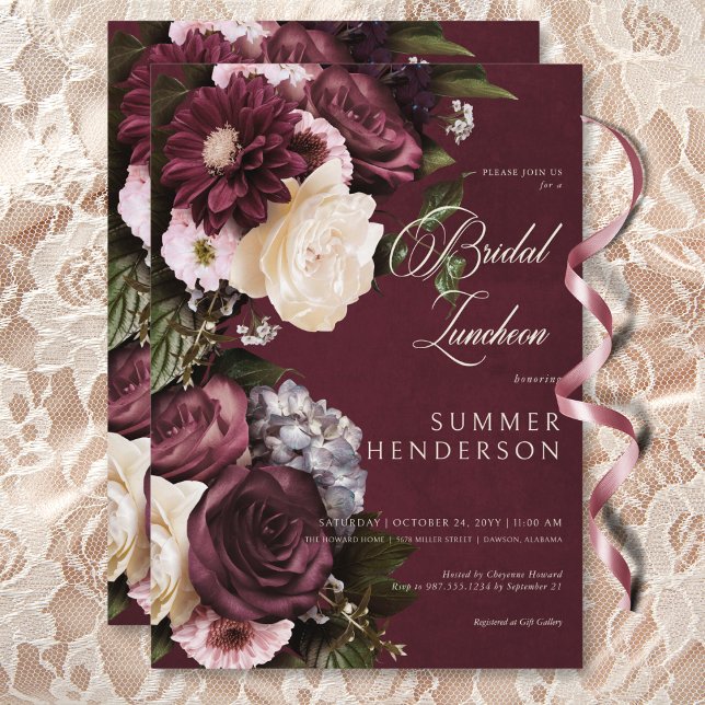 Convites Borgonha Elegante Escura e Almoço Floral de Cream (Dark Elegant Burgundy & Cream Floral Bridal Lunch Invitation)