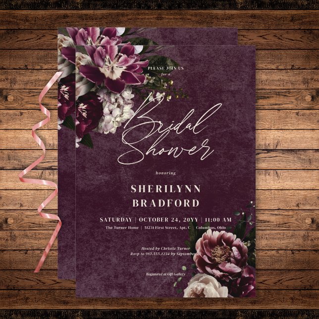 Convites Borgonha Elegante Escura e Chá de panela Floral Br (Dark Elegant Burgundy & White Floral Bridal Shower Invitation)
