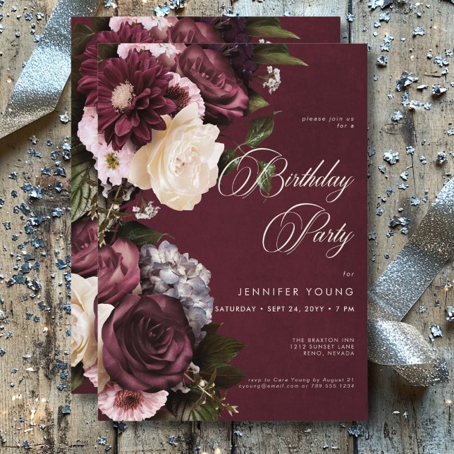 Convites Borgonha Elegante Escura e Creme Floral Aniversári (Dark Elegant Burgundy & Cream Floral Birthday Invitation)