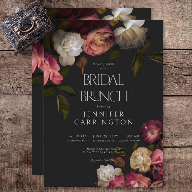 Convites Borgonha Escura e Creme Peonies Negra Bridal Brunc (Dark Burgundy & Cream Peonies Black Bridal Brunch Invitation)