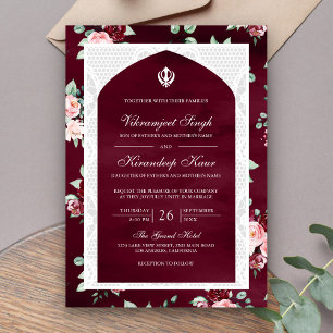 Convites Borgonha Floral Anand Karaj Casamento Sikh Punjabi