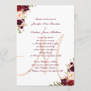 Convites Borgonha floral cora casamento elegante do