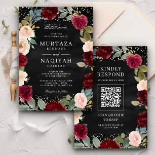 Convites Borgonha Floral de Pêssego Código QR Casamento Muç
