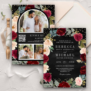 Convites Borgonha Floral de Pêssego Código QR Preto Casamen