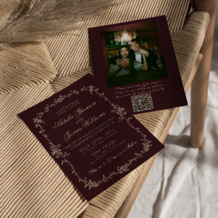 Convites Borgonha Floral Dinheiro Antigo Código QR Foto Cas