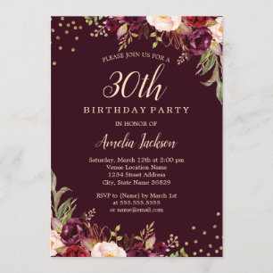 Convites Borgonha floral dourado Brilho 30º Aniversário