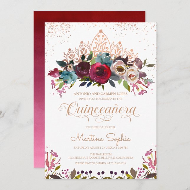 Convites Borgonha Floral e Dourada Tiara Quinceanera (Frente/Verso)