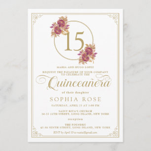 Convites Borgonha Floral Elegante e Quinceanera Dourada