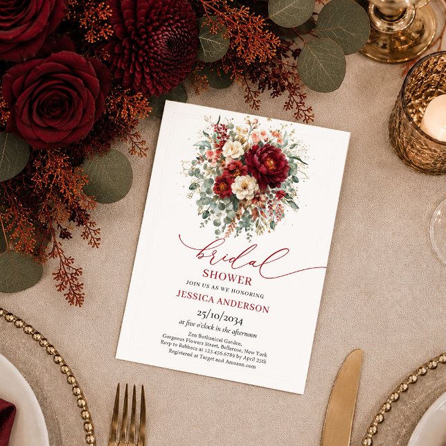Convites Borgonha Floral outono boho folhagem noiva s (Burgundy Gold Floral autumn boho greenery bridal shower invitation

)