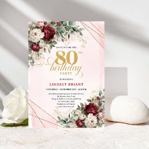 Convites Borgonha Flores Vermelho Dourado 80 Anos de Idade