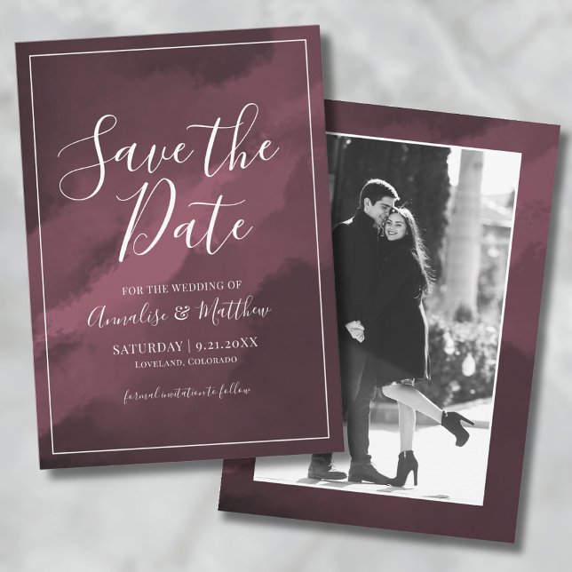 Convites Borgonha Foto Casamento Salve a Data (Watercolor Script Red Wedding Save the Date Invitation)