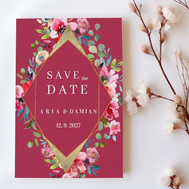 Convites Borgonha geométrica dourada floral de menta Salve  (Geometric burgundy mint gold floral Save the Date)