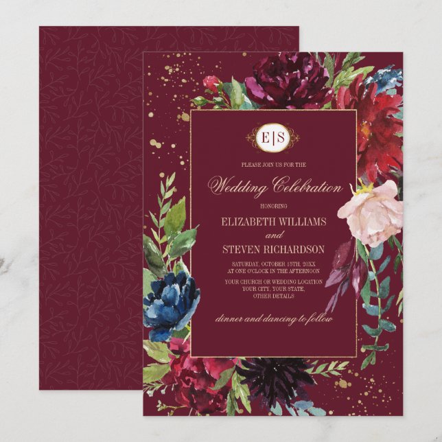 Convites Borgonha | Marinho Azul Floral Watercolor Casament (Frente/Verso)