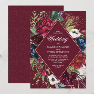 Convites Borgonha Marinho Blue Floral — Casamento Geomé