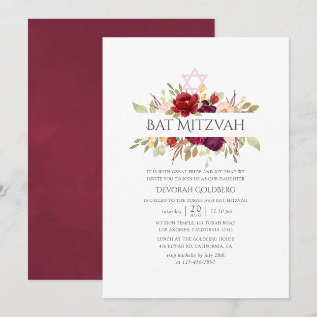 Convites Borgonha - Marsala e Blush Floral Bat Mitzvah (Frente/Verso)