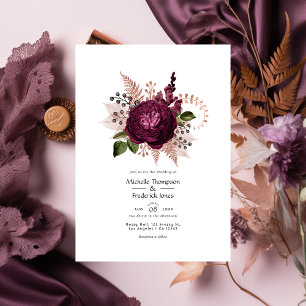 Convites Borgonha - Marsala e Casamento Floral Dourado Rosa