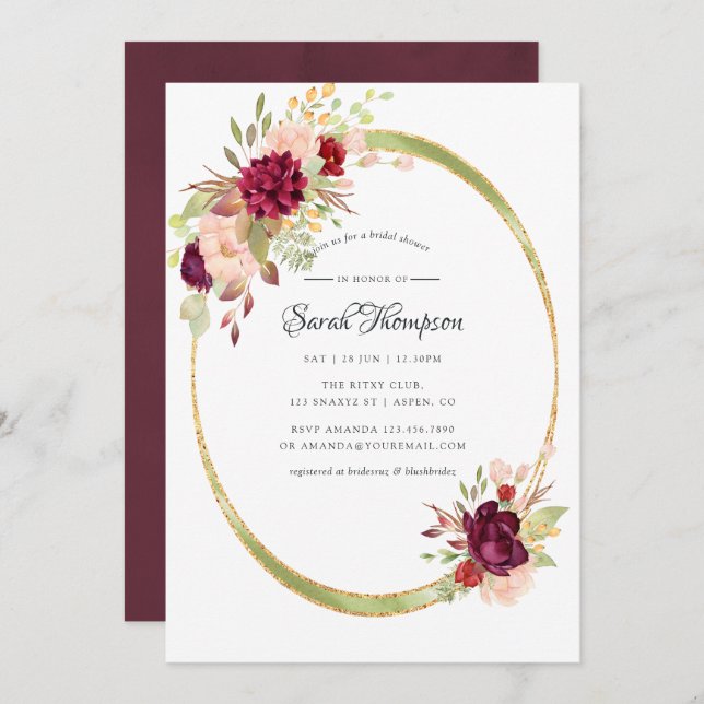 Convites Borgonha-Marsala e Chá de panela Geométrico de Blu (Frente/Verso)