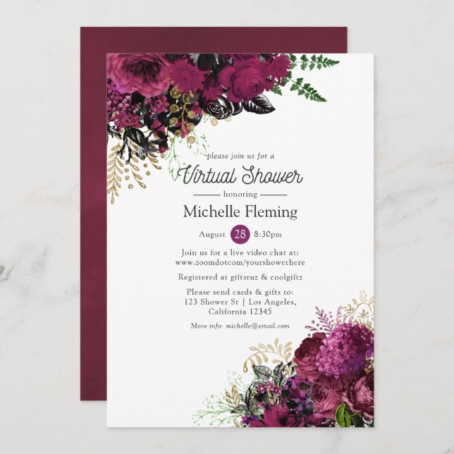 Convites Borgonha - Marsala e Chá de panela Virtual Dourado (Frente/Verso)