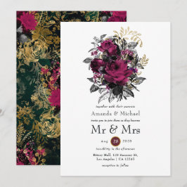 Convites Borgonha - Marsala e Dourado Casamento Floral