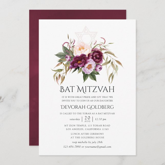 Convites Borgonha - Marsala e Peach Bat Mitzvah (Frente/Verso)