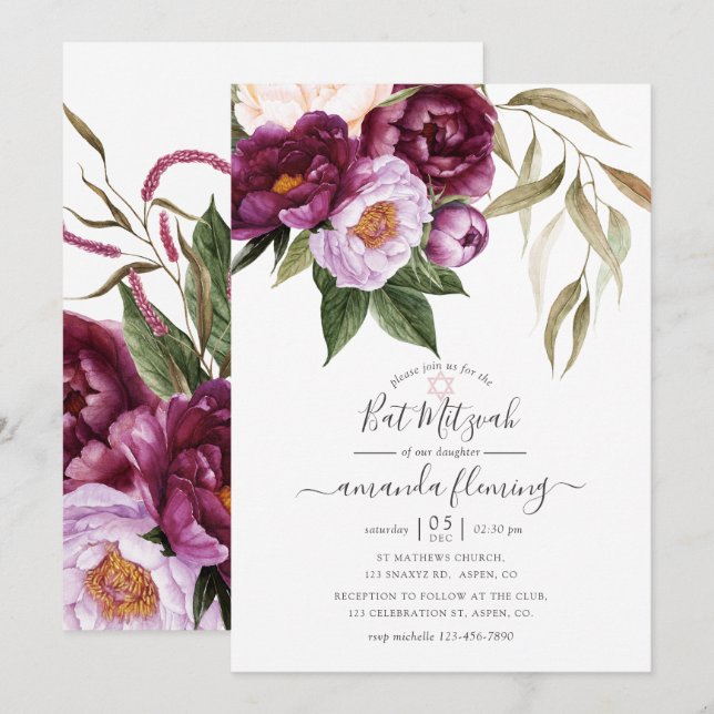 Convites Borgonha - Marsala e Peach Floral Bat Mitzvah (Frente/Verso)