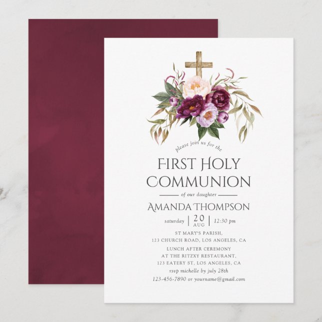 Convites Borgonha/Marsala e Peach Primeira Comunhão Sagrada (Frente/Verso)