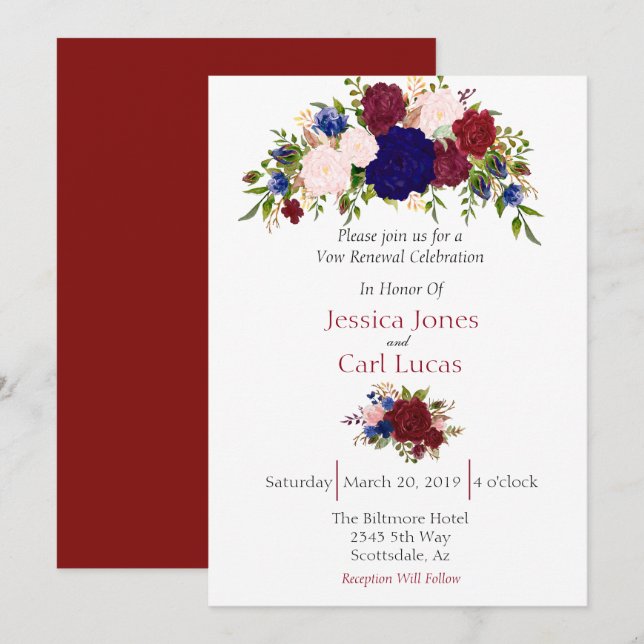 Convites Borgonha Naval Floral Aquarela Renovação de Votos (Frente/Verso)