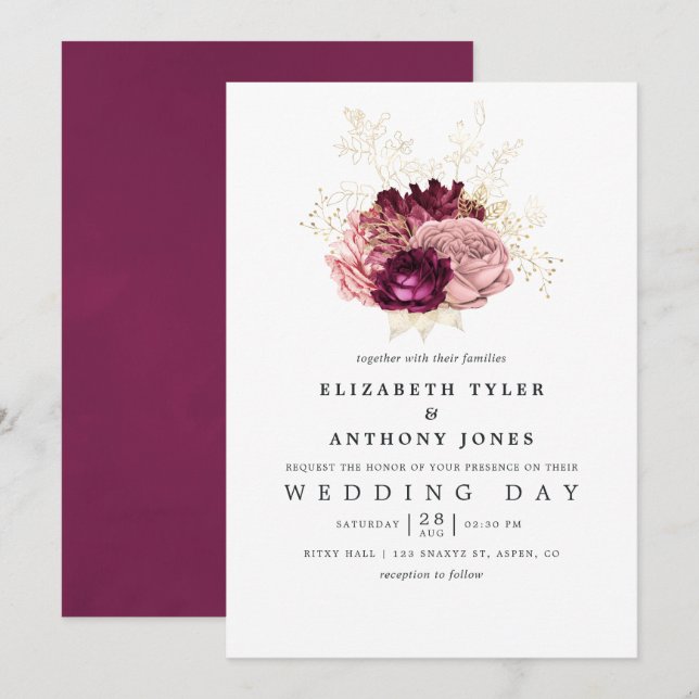 Convites Borgonha - Noiva Rosa e Dourado Casamento Marsala (Frente/Verso)