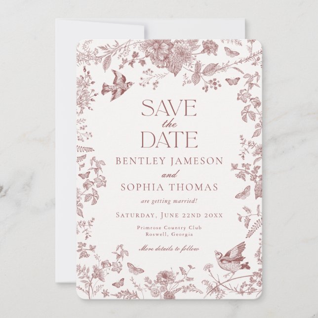 Convites Borgonha Outono Toile De Jouy Floral Salve a Data (Frente)