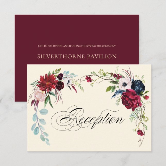 Convites Borgonha | Placa Recepção de casamento Floral Azul (Frente/Verso)