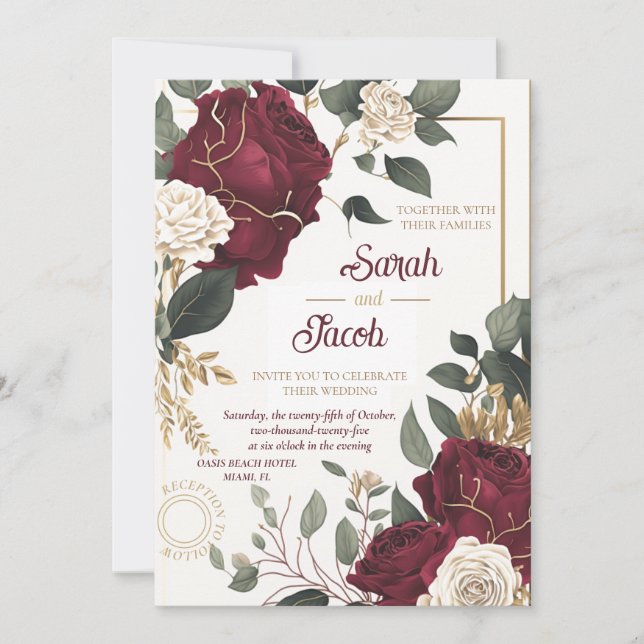 Convites Borgonha Rosa Branco Floral Dourado Casamento Eleg (Frente)