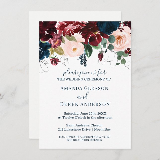 Convites Borgonha, Rosa e Meia-Noite Azul Almofada I (Frente/Verso)