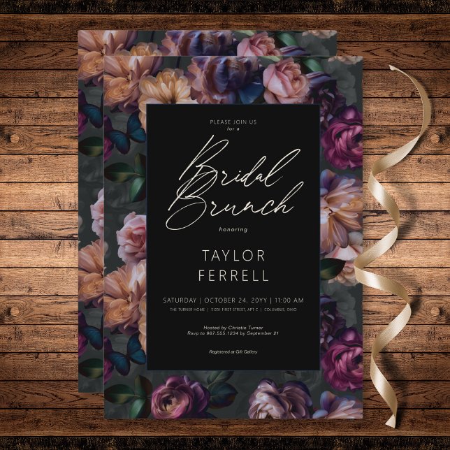 Convites Borgonha Rosa Escuro e Bridal Floral Dourada Brunc (Dark Pink Burgundy & Gold Floral Bridal Brunch Invitation)