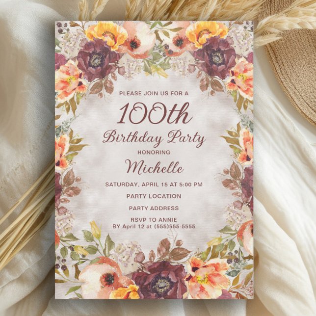 Convites Borgonha Rust Orange Floral 100º Aniversário das M (Burgundy and burnt orange watercolor floral 100th birthday party invitation)