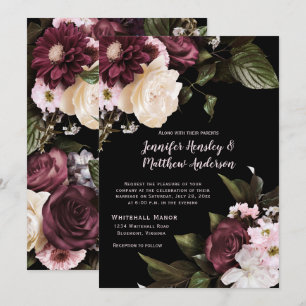 Convites Borgonha Rústico, Rosa Corado, Floral Branco Casam