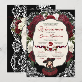 Convites Borgonha Vermelha Negra Floral Elegante Charro Qui