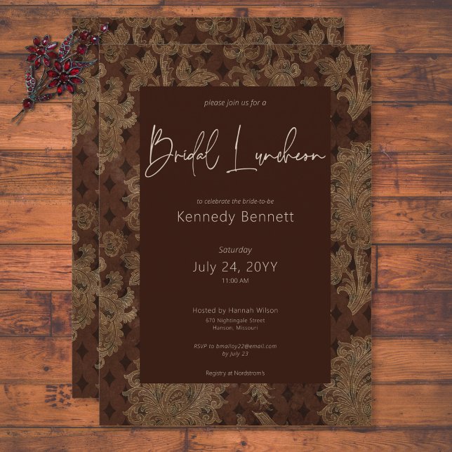 Convites Borgonha Vitoriana Escura Damask Bridal Luncheon (Dark Victorian Burgundy Damask Bridal Luncheon Invitation)