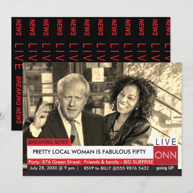 Convites Boris Johnson's 50th Birthday Funny TV News (Frente/Verso)