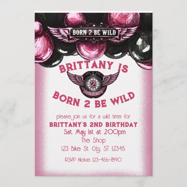 Convites Born 2 Be Wild Pink, Black Motorcycle 2nd Birthday (Frente)