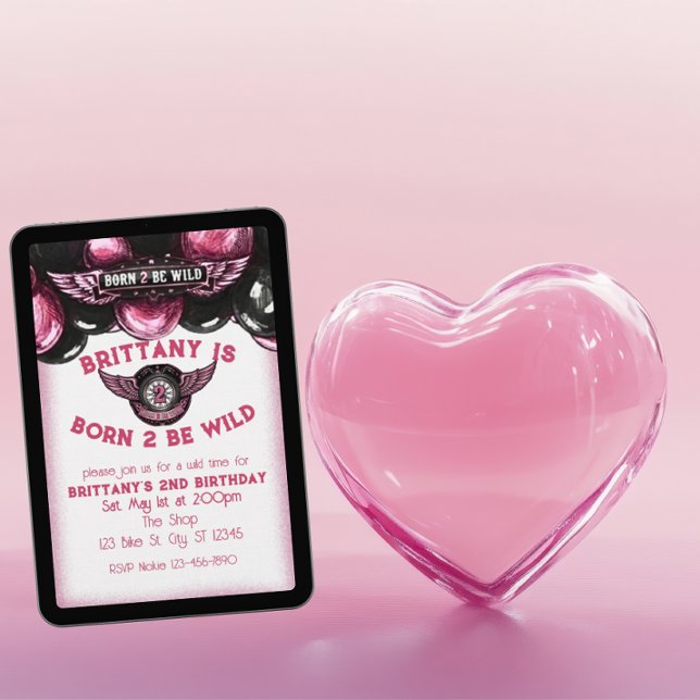 Convites Born 2 Be Wild Pink, Black Motorcycle 2nd Birthday (Criador carregado)