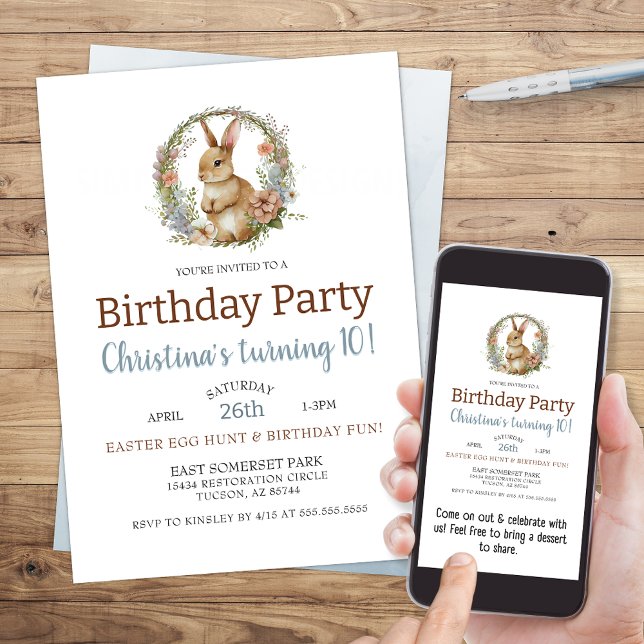 Convites Borninho Coelho Bonito Páscoa de Aquarela Aniversá (cute easter theme birthday party invitation with bunny rabbit and floral wreath for girl or boy)