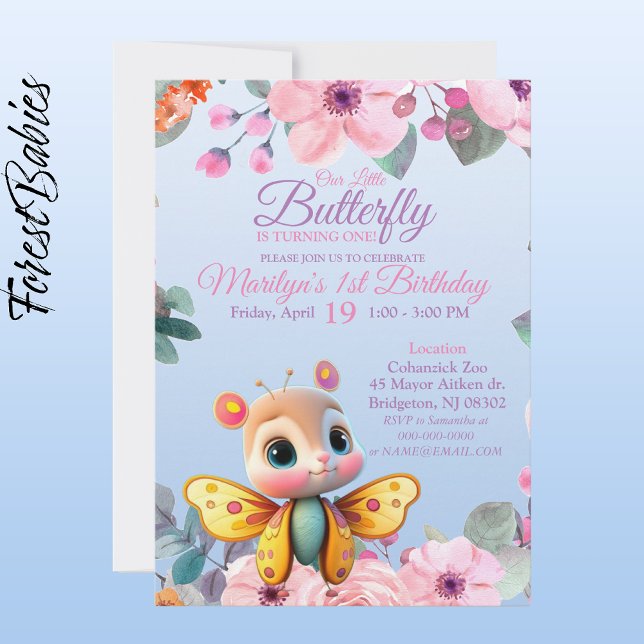 Convites Borracha Floral para Crianças Bonitas para a Menin (Butterfly Girl 🦋 Pink Floral 🌸 ForestBabies Customizable Birthday Party Invitation - Front)